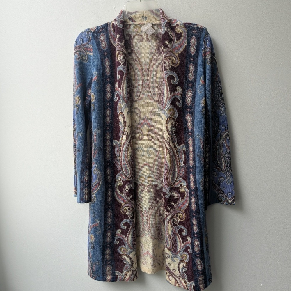 Chico's Cardigan Blue Paisley Print Open Front Knit Sweater Sz SP Boho Artsy